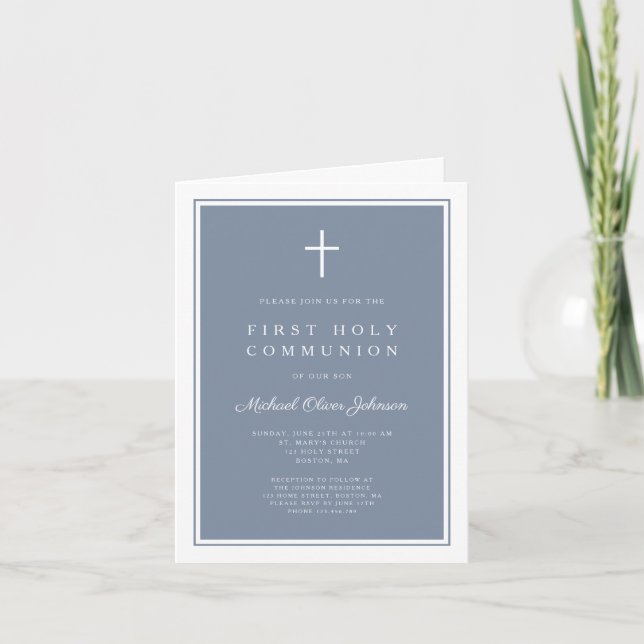 Invitación Modern Dusty Blue Cross Boy First Holy Communion (Anverso)