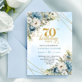 Invitación Modern dusty blue eucalyptus gold 70th birthday