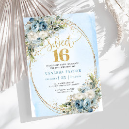 Invitación Modern Dusty Blue Floral Gold Sweet Sixteen Invite