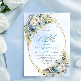 Invitación Modern Dusty Blue Flowers Gold Frame Bridal Shower