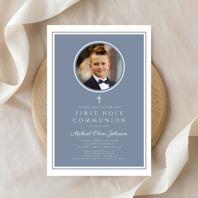 Invitación Modern Dusty Blue Photo Boy First Communion (Modern Dusty Blue Photo Boy First Communion Invitation)