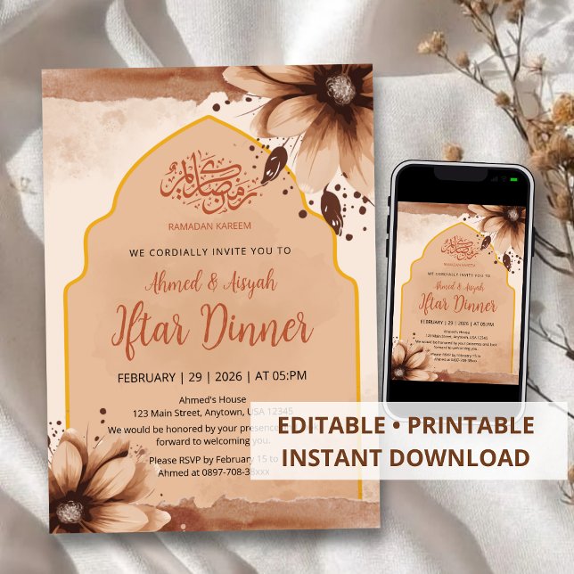 Invitación Modern Earth Tone Floral Arched Iftar Invitation (Subido por el creador)