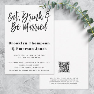 Invitación Modern Eat Drink Be Married Funny QR Code Wedding