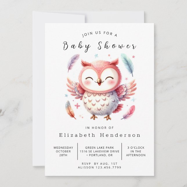 Invitación Modern Editable Owl Baby Shower (Anverso)