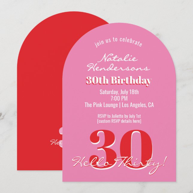 Invitación Modern Elegant 30th Birthday Pink Red Minimalist  (Anverso / Reverso)