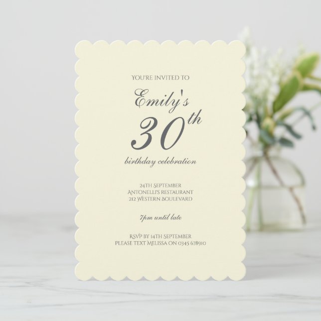 Invitación Modern Elegant Cream 30th Birthday Party (Anverso de pie)