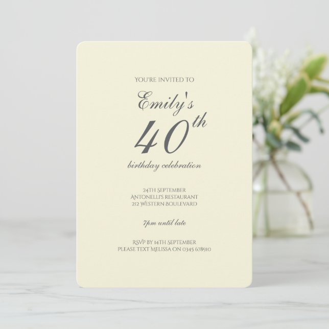 Invitación Modern Elegant Cream 40th Birthday Party (Anverso de pie)