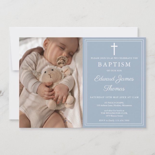 Invitación Modern Elegant Dusty Blue Photo Baptism (Anverso)