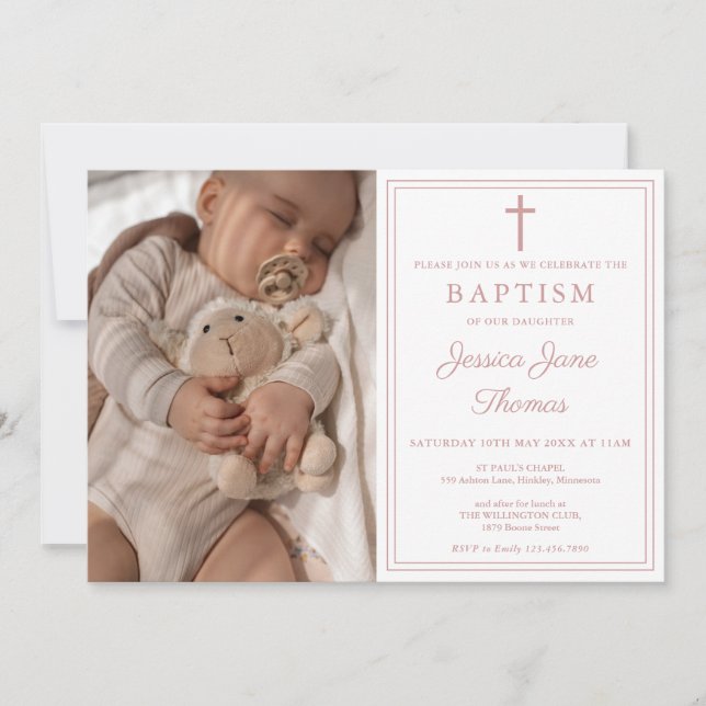 Invitación Modern Elegant Dusty Rose Pink Photo Baptism (Anverso)