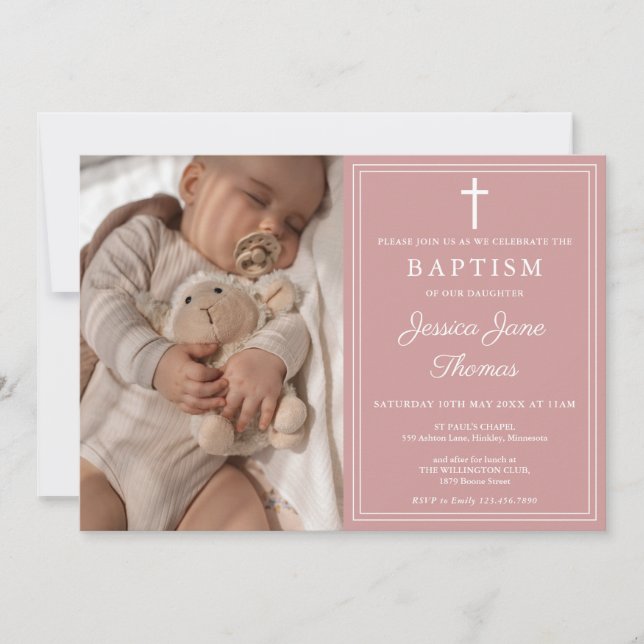 Invitación Modern Elegant Dusty Rose Pink Photo Baptism (Anverso)