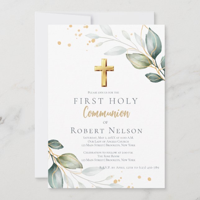 Invitación Modern Elegant Eucalyptus Gold First Communion  (Anverso)