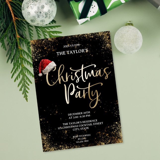 Invitación Modern Elegant Glitter Santa Claus Christmas Party (Modern Elegant Glitter Christmas Tree Party Invitation with gold writing and santa's cap)