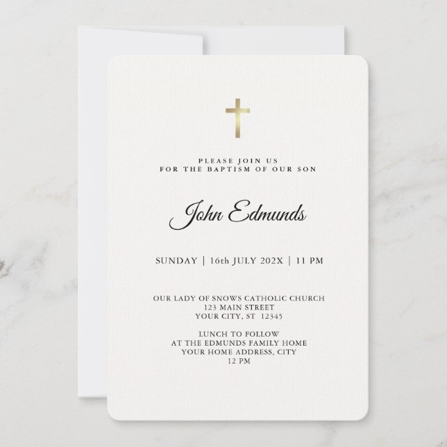 Invitación Modern Elegant Gold & Black Calligraphy Baptism  (Anverso)