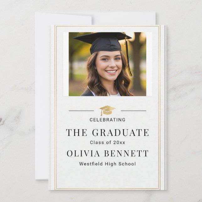 Invitación Modern Elegant Gold Border Photo Graduation (Anverso)