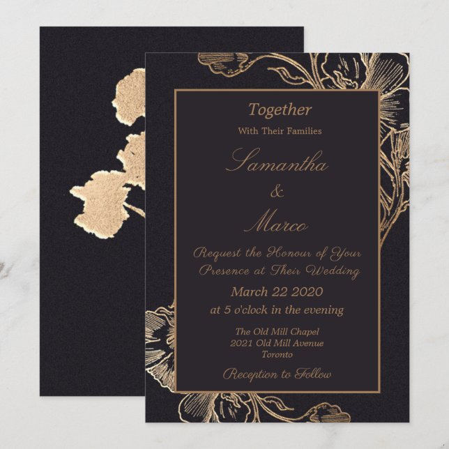 Invitación Modern Elegant Gold Faux Metal Floral Wedding (Anverso / Reverso)
