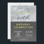 Invitación Modern Elegant Man 60th Birthday Party<br><div class="desc">Moderna y elegante 60ª Invitación a la fiesta de cumpleaños del hombre. Diseño de invitación moderno y elegante con un fondo de textura gris, fondo gris oscuro y tipografía de moda en tonos amarillos, blancos y grises. Invitación de cumpleaños para un hombre que está celebrando su cumpleaños número 60 -...</div>
