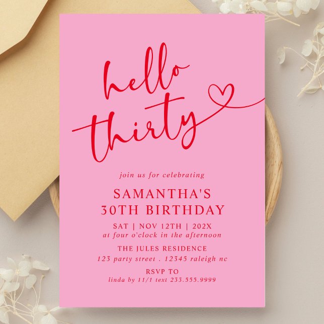 Invitación Modern Elegant Pink Red Hello 30th Birthday Party (Subido por el creador)
