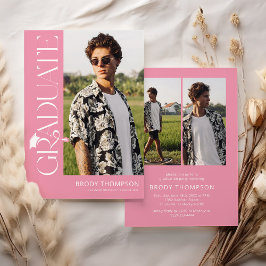 Invitación Modern Elegant Pink & White 3 Photo Graduation