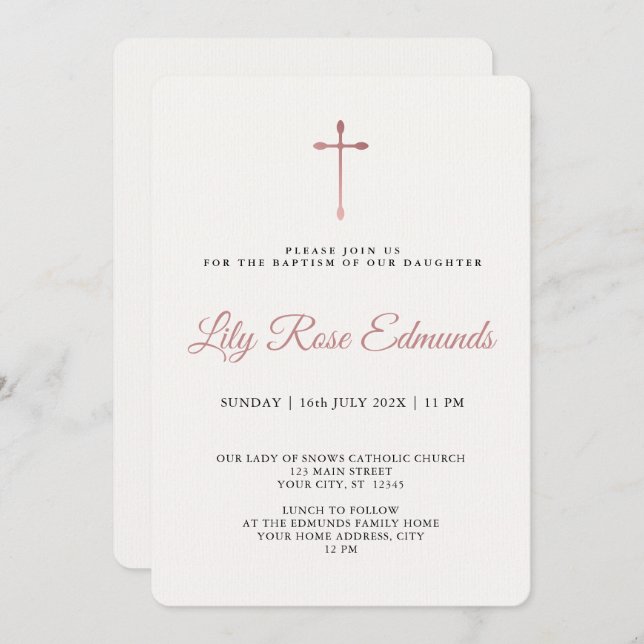 Invitación Modern Elegant Rose Gold & Blk Baptism  (Anverso / Reverso)