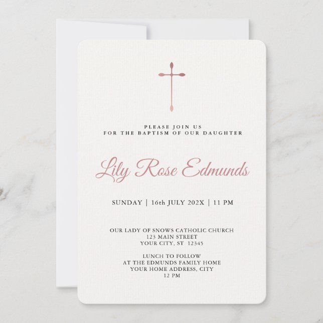 Invitación Modern Elegant Rose Gold & Blk Baptism  (Anverso)
