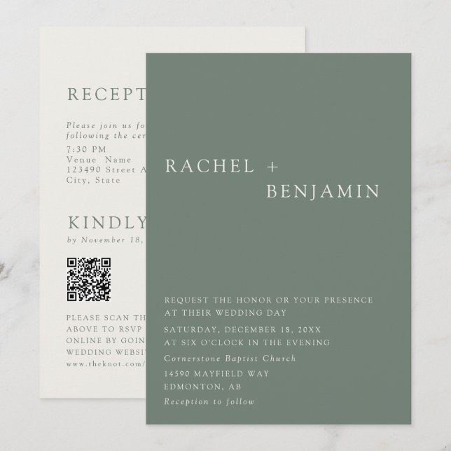 Invitación Modern Elegant Sage Green Wedding 2 Sided QR Code (Anverso / Reverso)