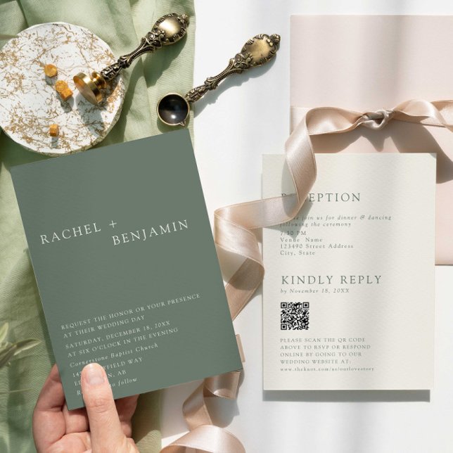 Invitación Modern Elegant Sage Green Wedding QR Code RSVP (Subido por el creador)