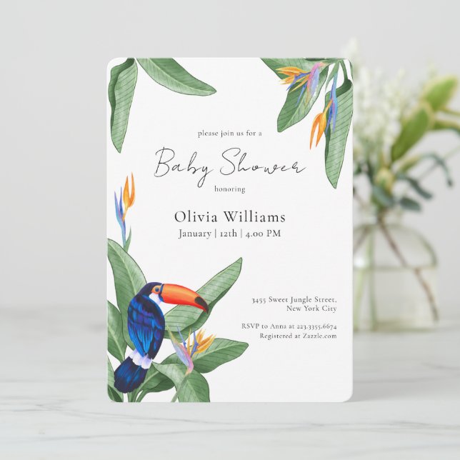 Invitación Modern Elegant Tropical Floral Bird Baby Shower  (Anverso de pie)