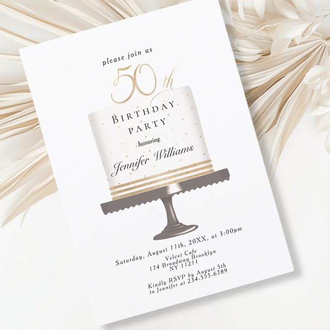 Invitación Modern, elegante  50. Geburtstag (Modern, elegant, luxury, white & gold, 50. birthday invitation with cake illustration.)