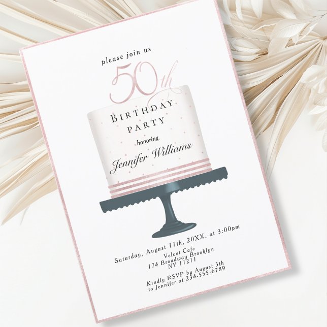 Invitación Modern, elegante  50. Geburtstag (Modern, elegant, luxury, white & pink, 50. birthday invitation with cake illustration.)