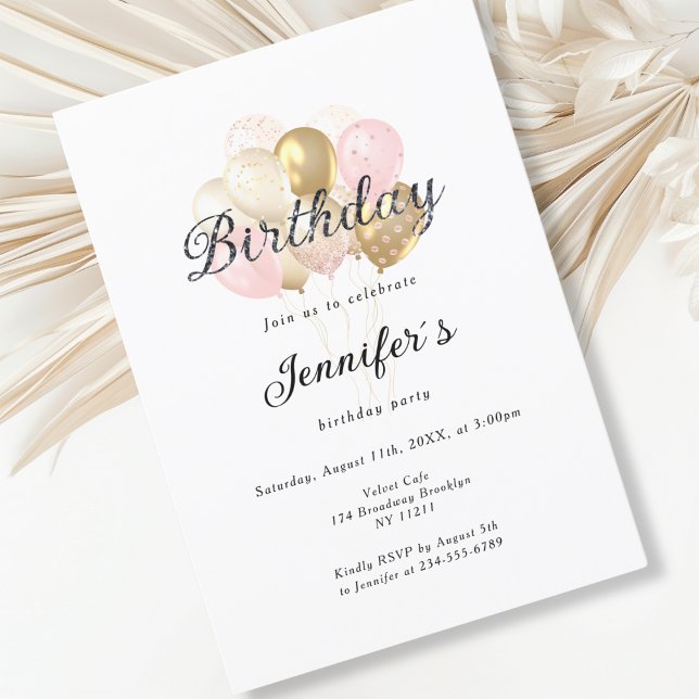 Invitación Modern, elegante Luftballon (Modern, elegant, balloon, white-gold-pink invitation)