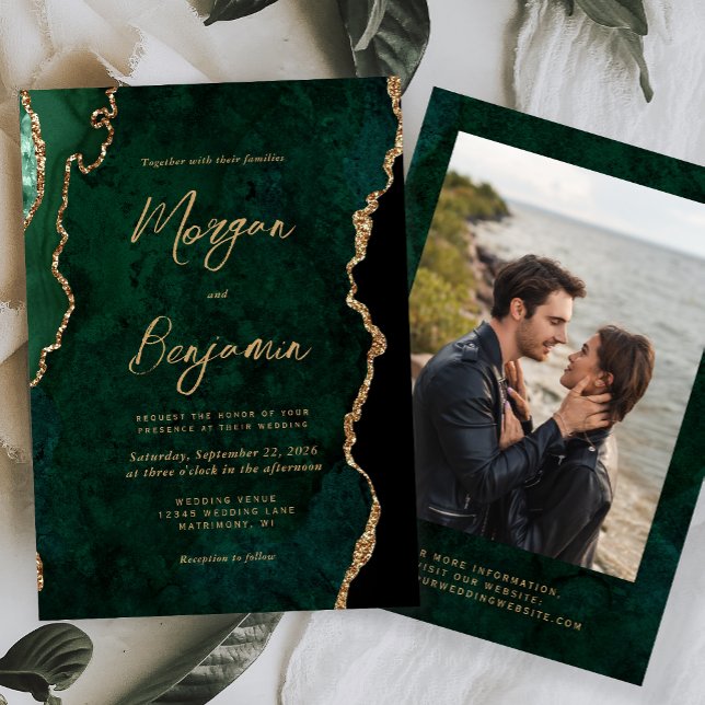 Invitación Modern Emerald Green Agate Script Photo Wedding (Subido por el creador)