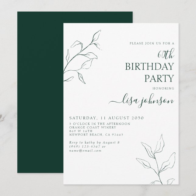 Invitación Modern Emerald Green Botánico 60 cumpleaños (Anverso / Reverso)