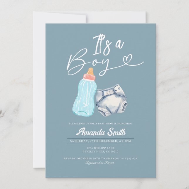 Invitación Modern Es un niño botella de leche y pañal (Anverso)