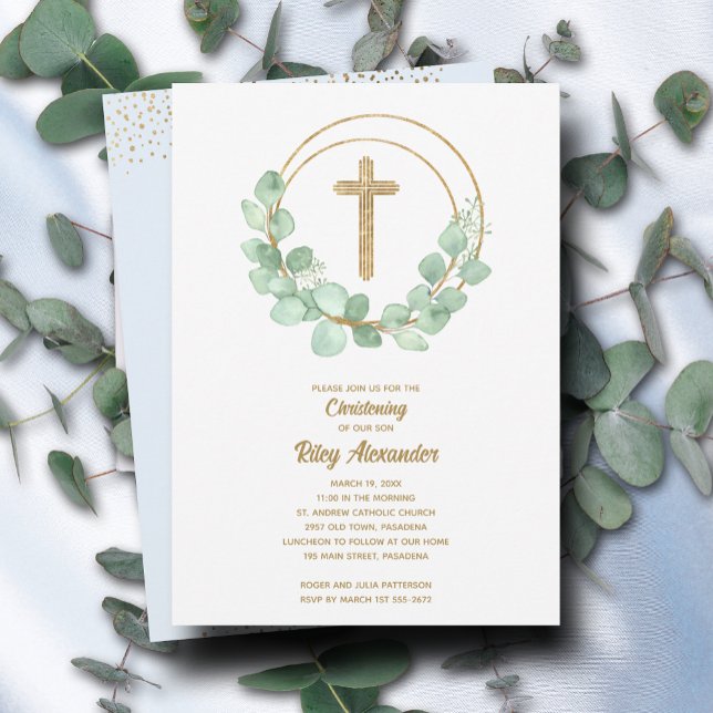 Invitación Modern Eucalyptus Boy Christening (Subido por el creador)