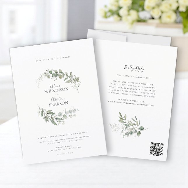 Invitación Modern Eucalyptus Greenery Wedding QR Code RSVP (Subido por el creador)