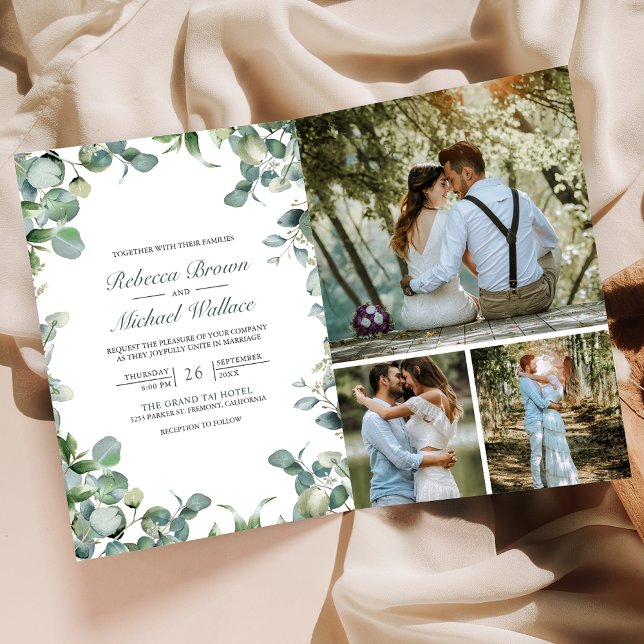 Invitación Modern Eucalyptus Photo Collage QR Code Wedding (Subido por el creador)