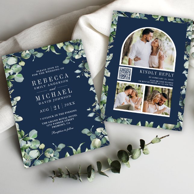 Invitación Modern Eucalyptus Photo QR Code Navy Blue Wedding (Subido por el creador)