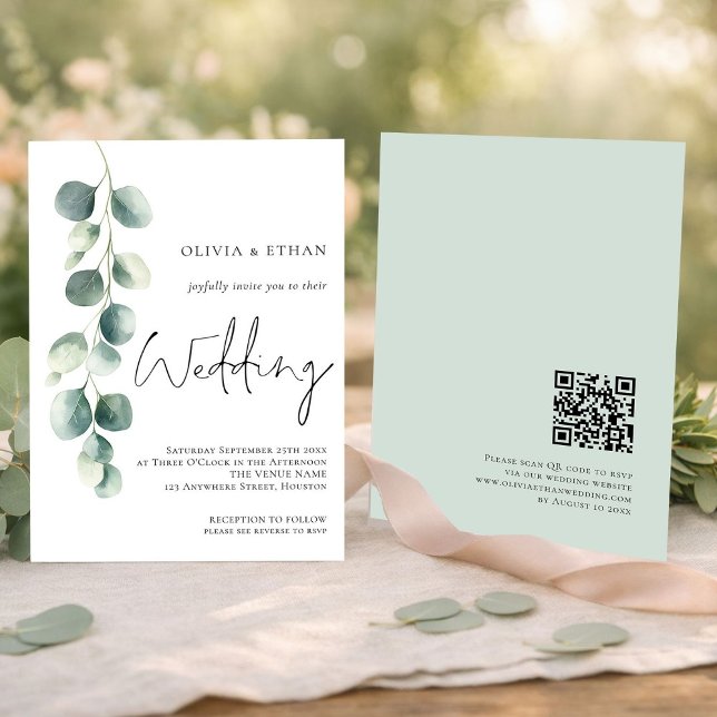 Invitación Modern Eucalyptus Script QR code Sage Wedding (Front and back view)
