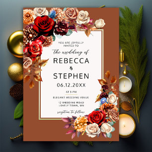 Invitación Modern Fall Bouquet Red Roses Terracotta Boda