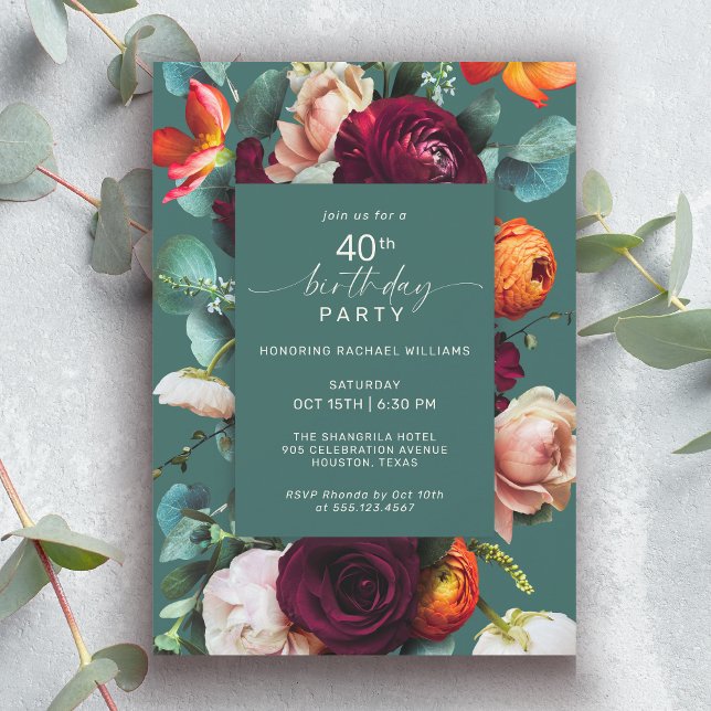 Invitación Modern Fall Floral Verde azulado 40 cumpleaños Fie (Available in both printed and instant download digital formats.)