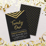 Invitación Modern Faux Gold Chevron 21st Birthday Fiesta<br><div class="desc">Invitación moderna del 21º cumpleaños con un elegante chevron geométrico y la palabra "Veintiuno" en oro falso contra un fondo negro. La tarjeta incluye un patrón de correspondencias en la parte posterior. Consulte los elementos coincidentes aquí http://www.zazzle.com/collections/modern_faux_gold_chevron_celebration_collection-119531050277382712?rf=238364477188679314 Personalícelo reemplazando el texto del marcador de posición para agregar su información. Para...</div>