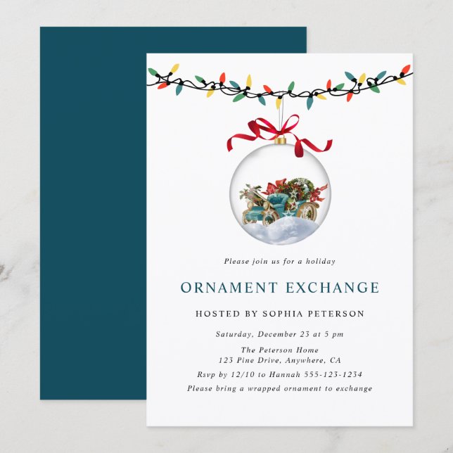 Invitación Modern Festive Christmas Ornament Exchange Party (Anverso / Reverso)
