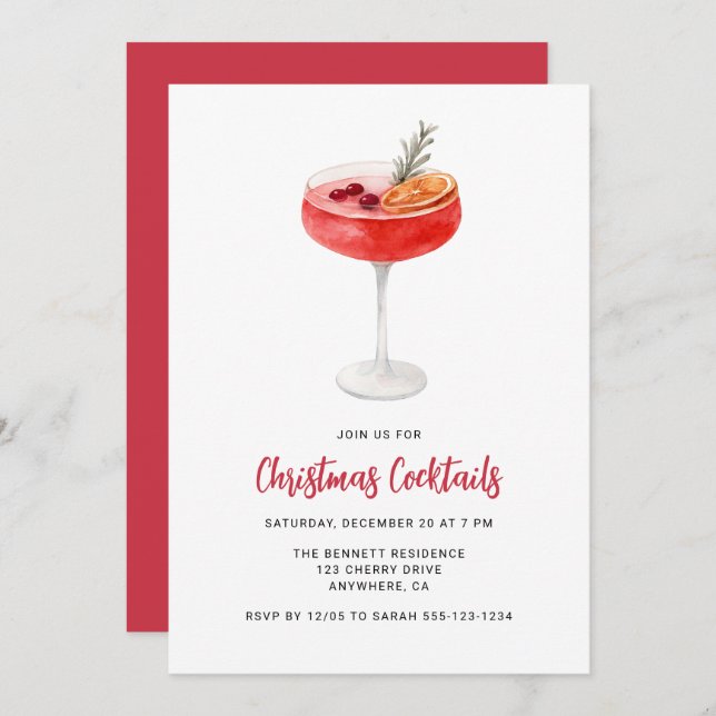 Invitación Modern Festive Drinks Christmas Cocktail Party (Anverso / Reverso)