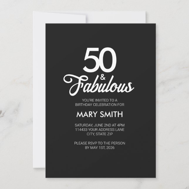 Invitación Modern Fifty and Fabulous Black 50th Birthday (Anverso)