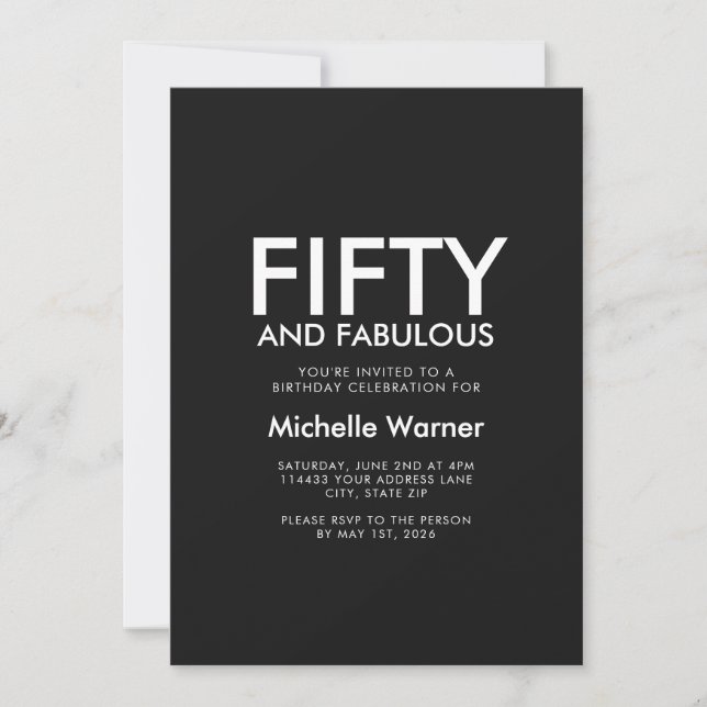 Invitación Modern Fifty and Fabulous Black 50th Birthday (Anverso)