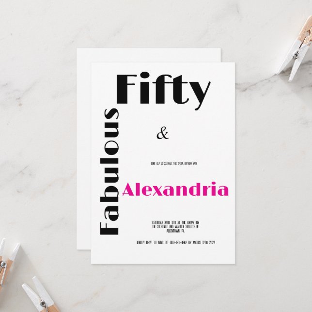 Invitación Modern Fifty and Fabulous black pink Birthday (Anverso/Reverso In Situ)