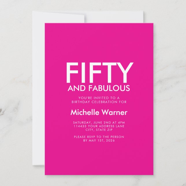 Invitación Modern Fifty and Fabulous Pink 50th Birthday Party (Anverso)