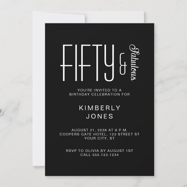 Invitación Modern Fifty & Fabulous Black 50th Birthday Party (Anverso)