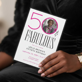 Invitación Modern Fifty Fabulous Pink White Photo Birthday