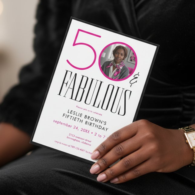 Invitación Modern Fifty Fabulous Pink White Photo Birthday (Subido por el creador)